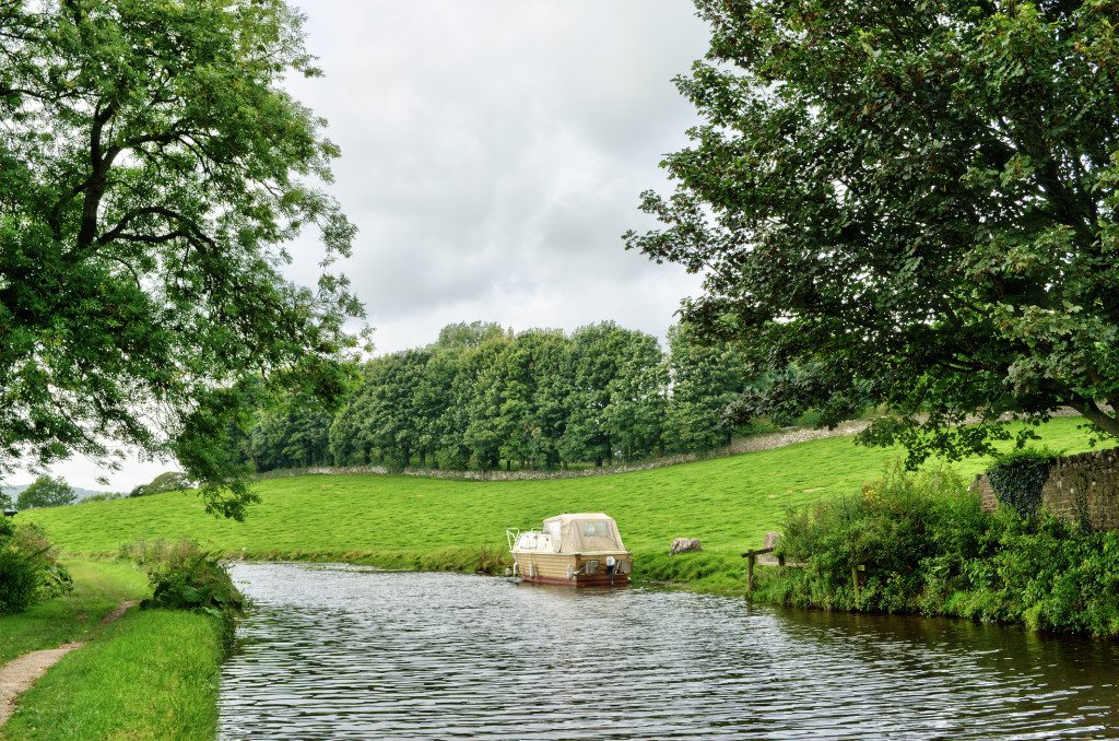 Boat moored on the Lancaster Canal, England