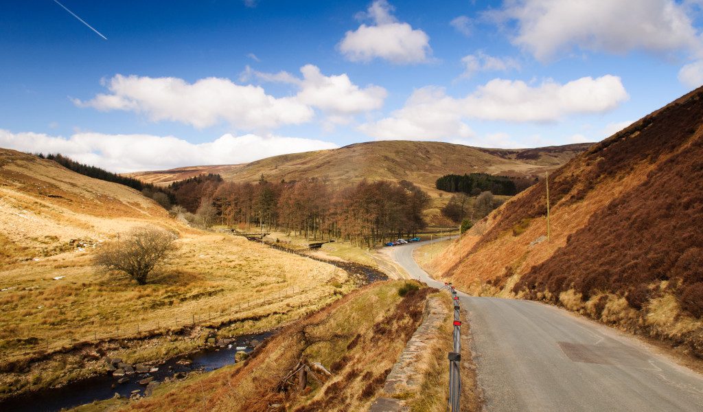 A single track country lane runs through the valley of the Trough of Bowland in the remote Forest of Bowland area of Lancashire, England.