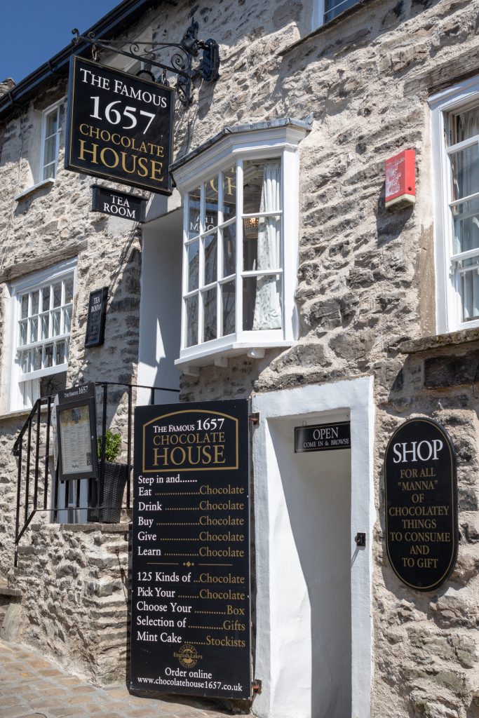 Entrance to the traditional and famous 1657 Chocolate House in Kendal in the center of historical town. 