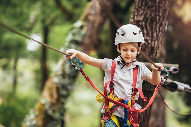 Young boy in a harness amongst trees